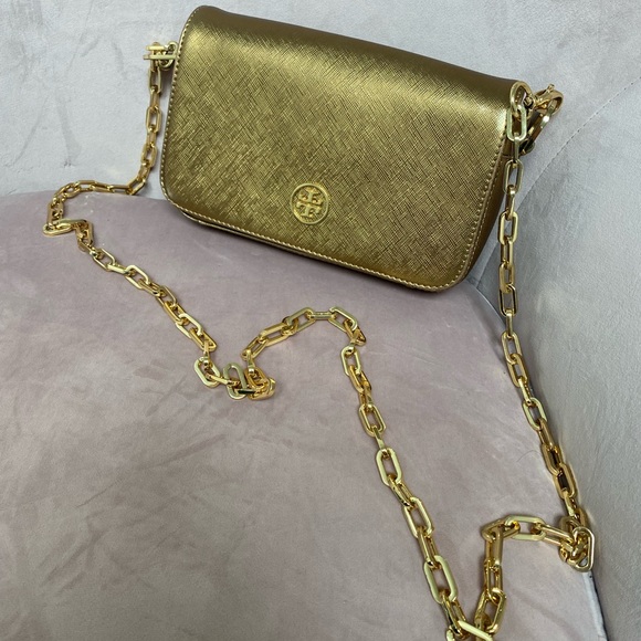 Tory Burch Saffiano Leather Gold Crossbody - Picture 1 of 14